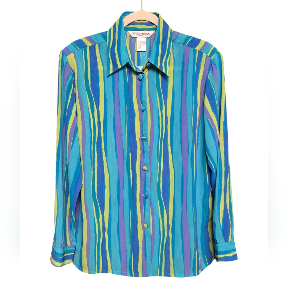 Beverly Rose Vintage Long Sleeve Button-Down Colorful Abstract Stripes Sz PXL